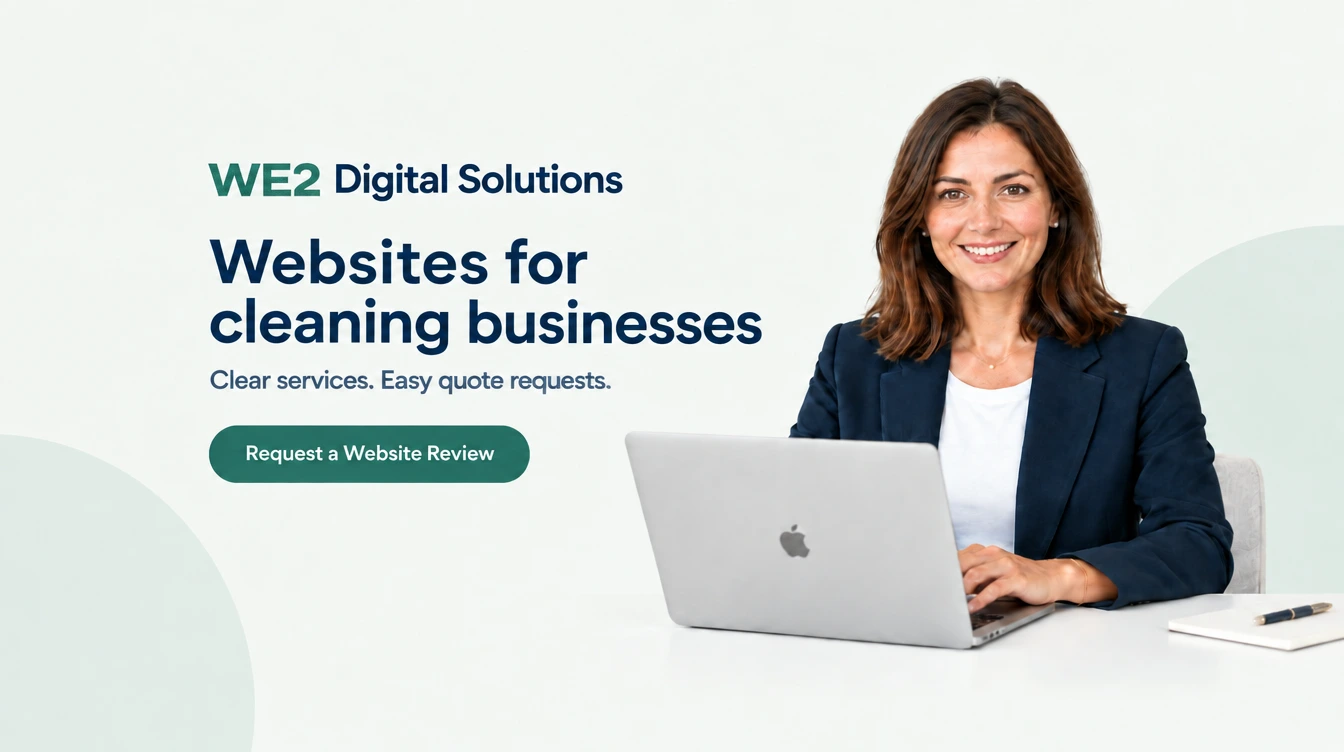 WE2 Digital Solutions. Websites for cleaning businesses. Clear services. Easy quote requests. A smiling brand presenter at a laptop.